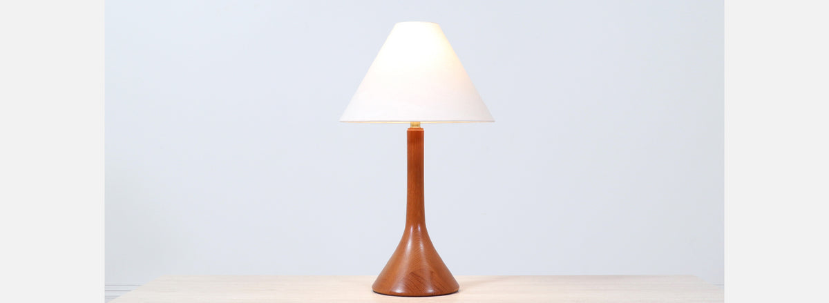 Danish Modern Sculpted Teak Table Lamp with Cone Linen Shade