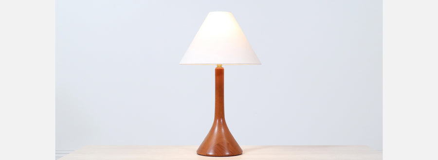 Danish Modern Sculpted Teak Table Lamp with Cone Linen Shade