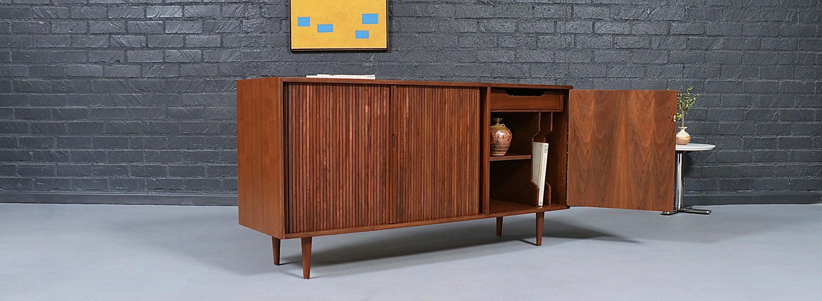 California Modernist Walnut Tambour-Door Credenza by Milo Baughman