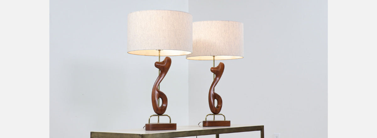 Arthur Jacobs Abstract Walnut & Brass Table Lamps for Modeline of CA