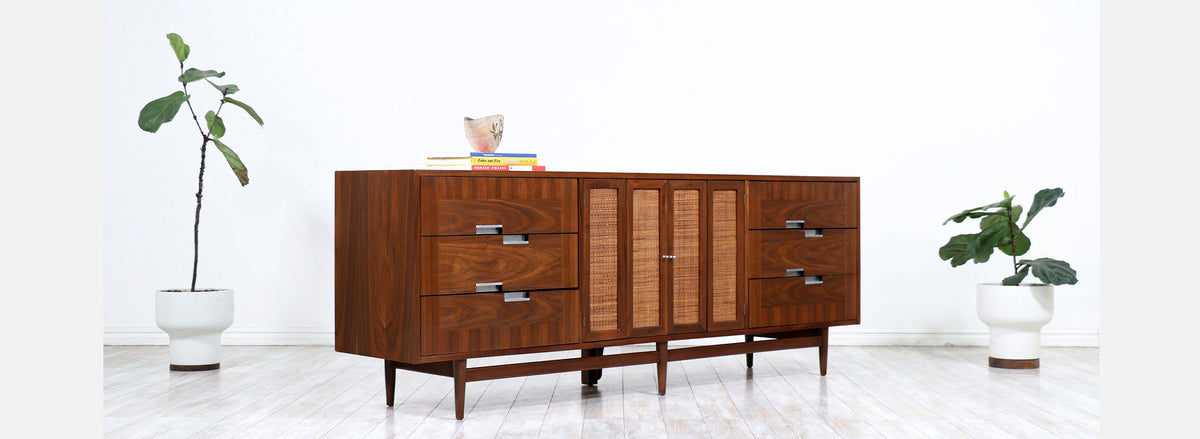 Merton Gershun Walnut & Cane Dresser with Bi-Folding Doors for American of Martinsville