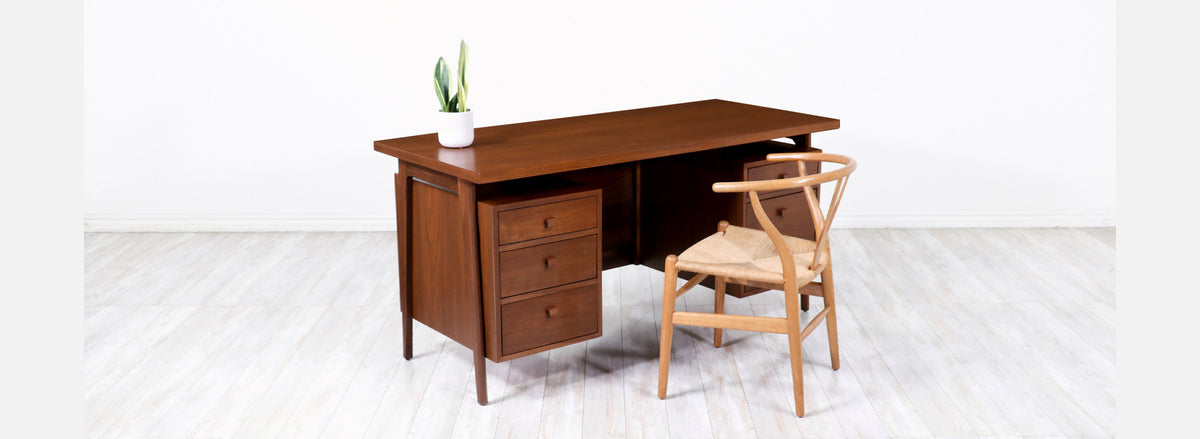 Mid-Century Modern Executive Walnut Desk with Floating Top