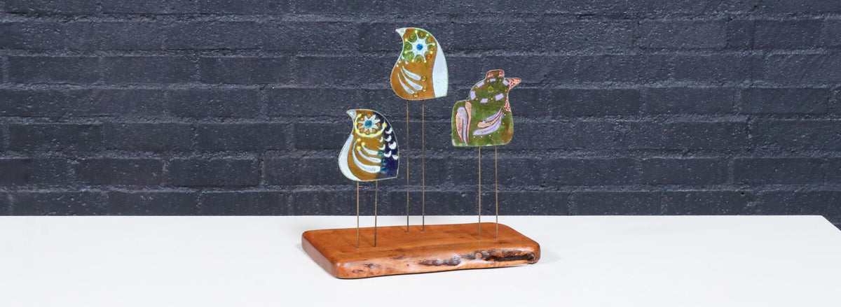 California Modern Enameled Bird Family Sculpture by Curtis Jere