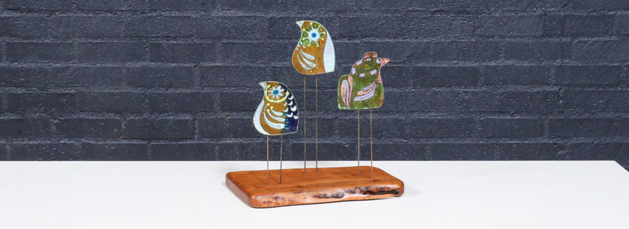 California Modern Enameled Bird Family Sculpture by Curtis Jere