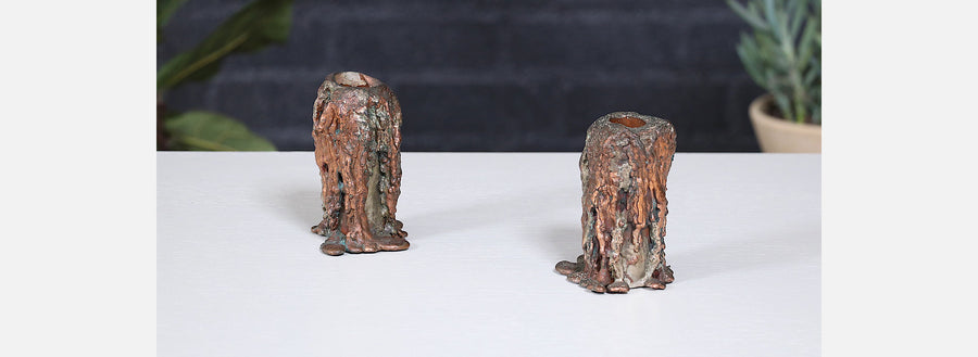 Mid-Century Modern Brutalist Copper Candle Holders