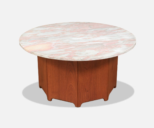 Californian Modern Sculpted Teak Coffee Table w/ Pink Marble Top
