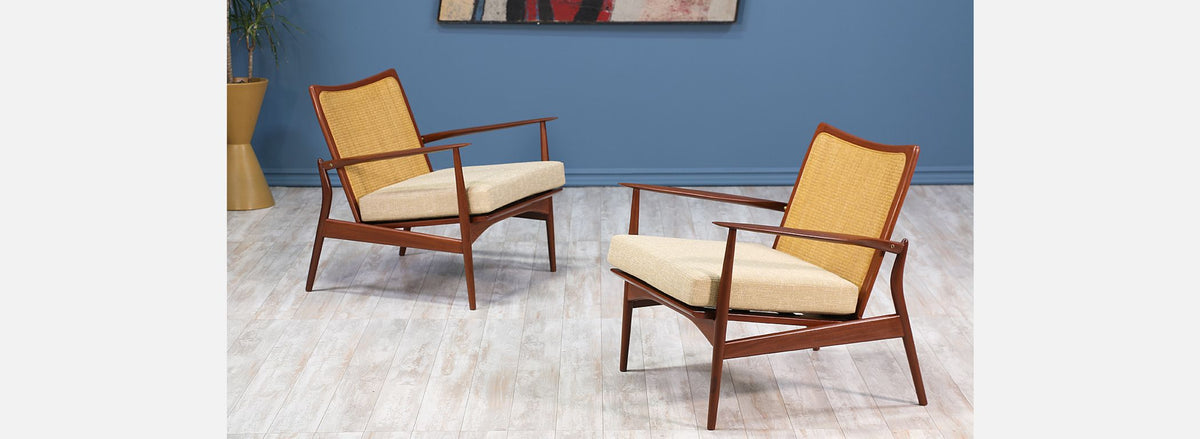 Ib Kofod Larsen “Spear” Teak Lounge Chairs with Cane Backrest