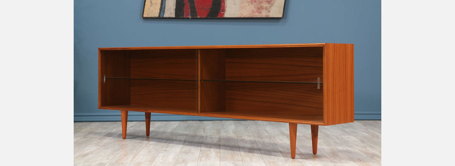 Danish Modern Low Profile Teak Bookcase with Glass Doors