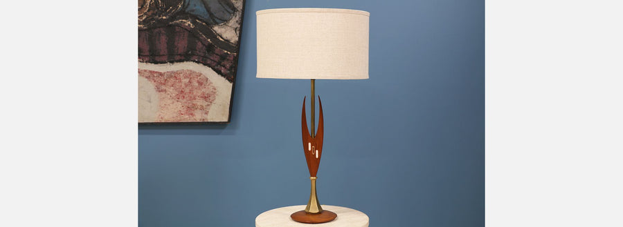 Mid Century Sculpted Walnut & Inlaid Tile Table Lamps 2