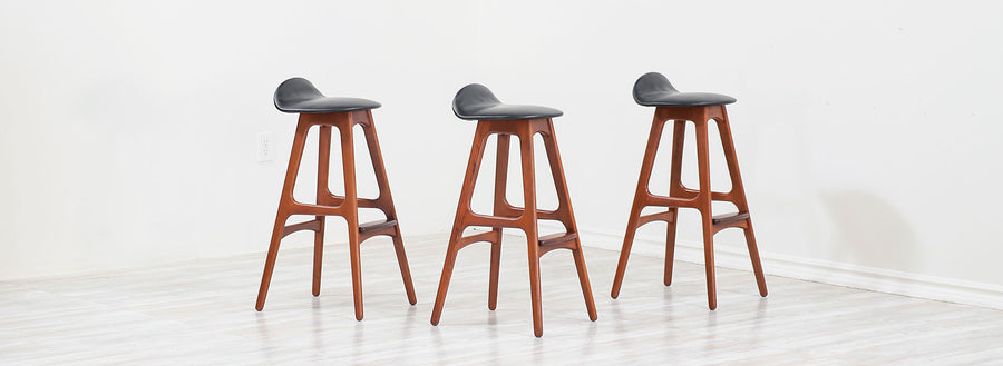 Erik Buch Teak & Black Leather Bar Stools for Oddense Maskinsnedkeri 2