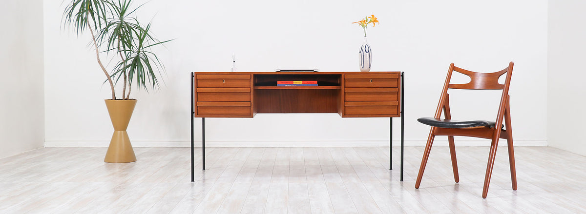 Danish Modern Executive Teak & Iron Desk with Bookshelf