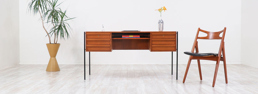 Danish Modern Executive Teak & Iron Desk with Bookshelf