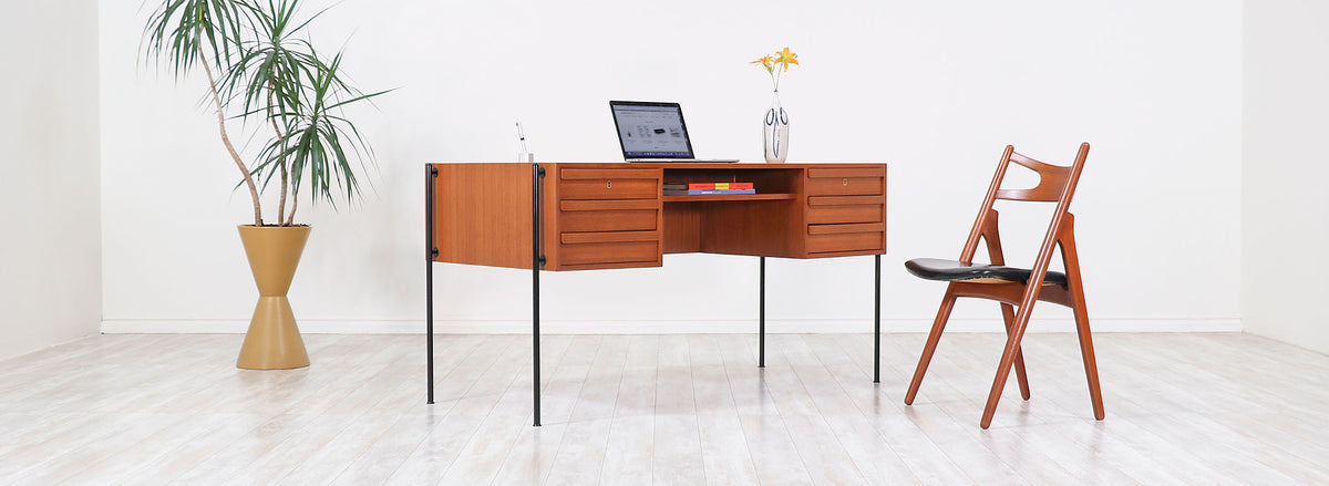 Danish Modern Executive Teak & Iron Desk with Bookshelf