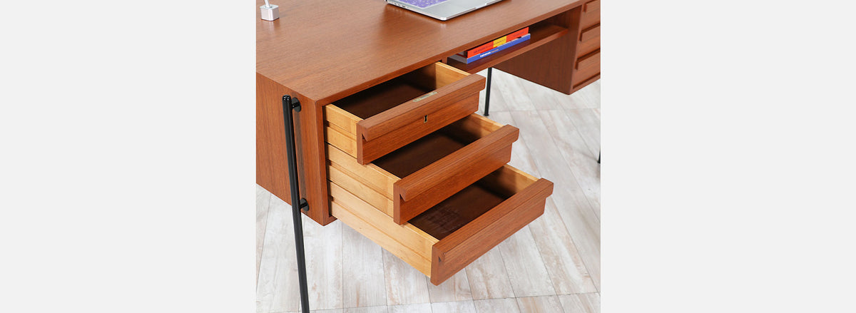 Danish Modern Executive Teak & Iron Desk with Bookshelf