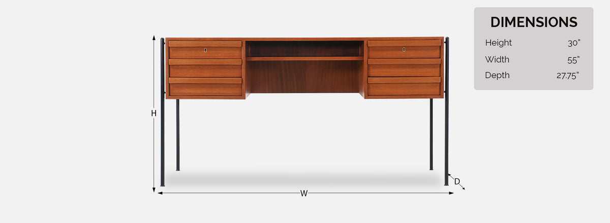 Danish Modern Executive Teak & Iron Desk with Bookshelf