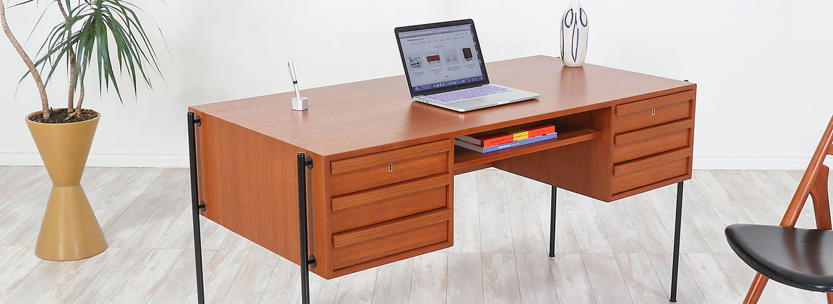 Danish Modern Executive Teak & Iron Desk with Bookshelf