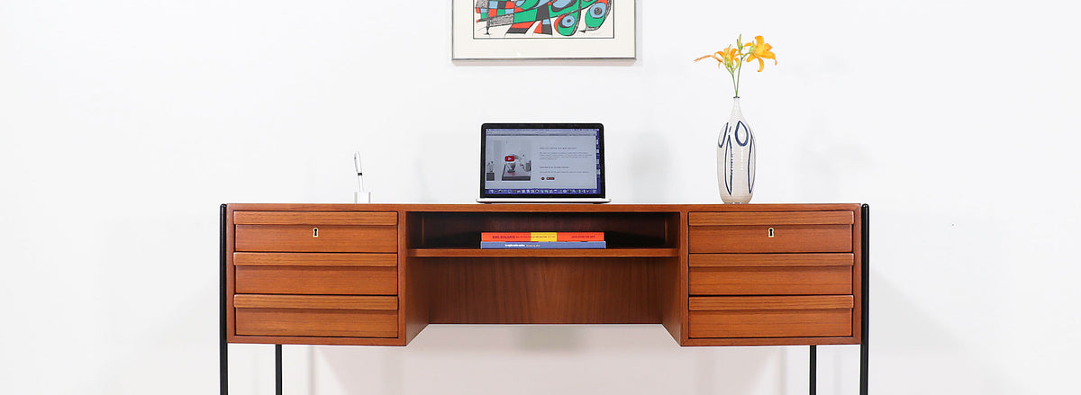 Danish Modern Executive Teak & Iron Desk with Bookshelf