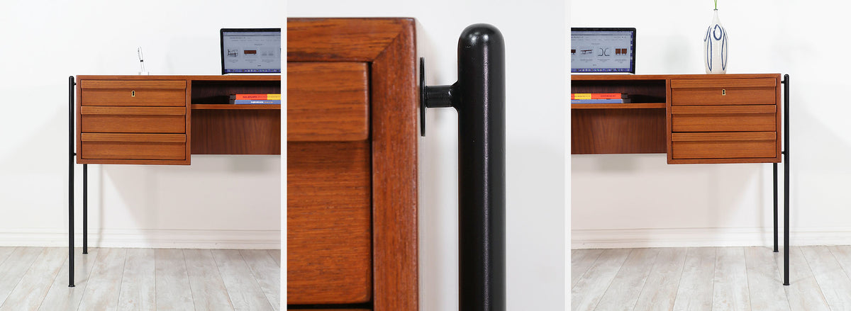 Danish Modern Executive Teak & Iron Desk with Bookshelf