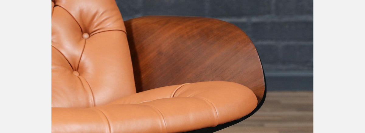 George Mulhauser Tufted Leather & Walnut Lounge Chairs for Plycraft