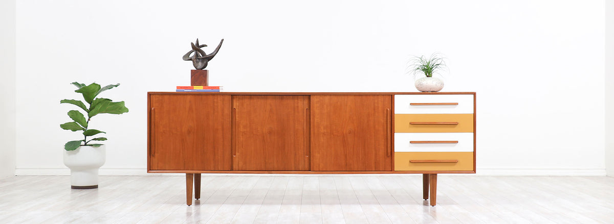Danish Modern Teak Credenza with Multi-Color Lacquered Drawers