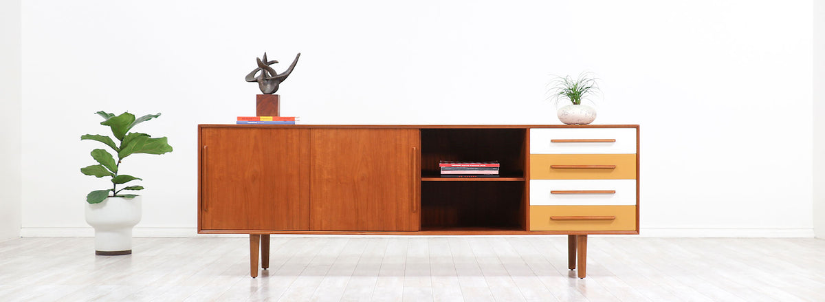 Danish Modern Teak Credenza with Multi-Color Lacquered Drawers