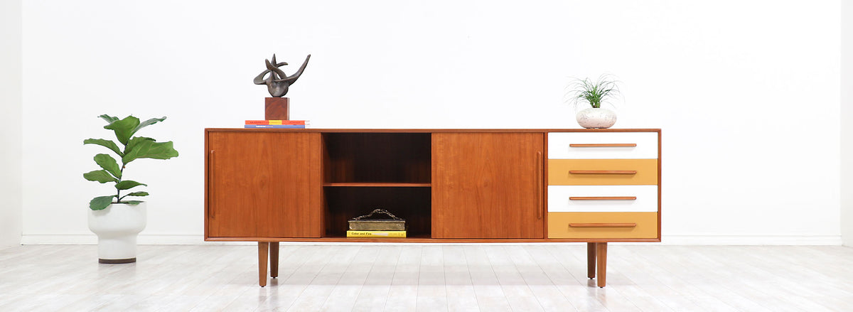 Danish Modern Teak Credenza with Multi-Color Lacquered Drawers