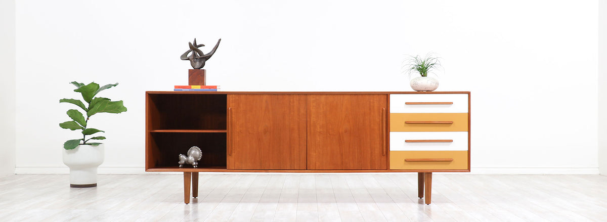 Danish Modern Teak Credenza with Multi-Color Lacquered Drawers