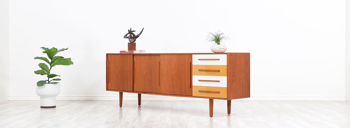 Danish Modern Teak Credenza with Multi-Color Lacquered Drawers