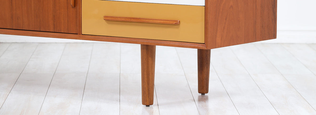 Danish Modern Teak Credenza with Multi-Color Lacquered Drawers