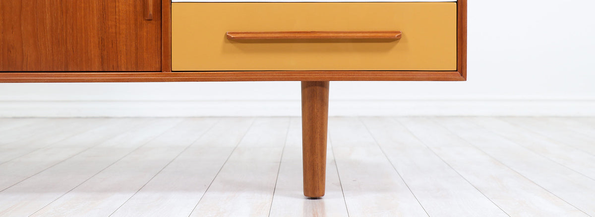 Danish Modern Teak Credenza with Multi-Color Lacquered Drawers