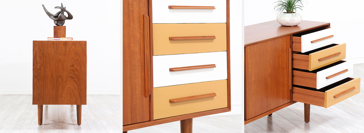Danish Modern Teak Credenza with Multi-Color Lacquered Drawers