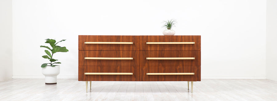 T.H. Robsjohn-Gibbings Brass & Wicker Dresser for Widdicomb