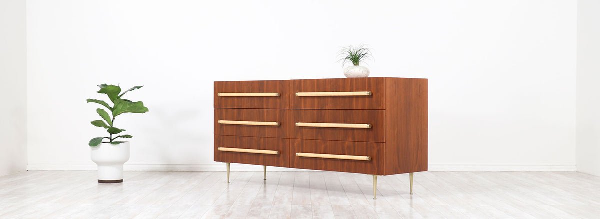 T.H. Robsjohn-Gibbings Brass & Wicker Dresser for Widdicomb
