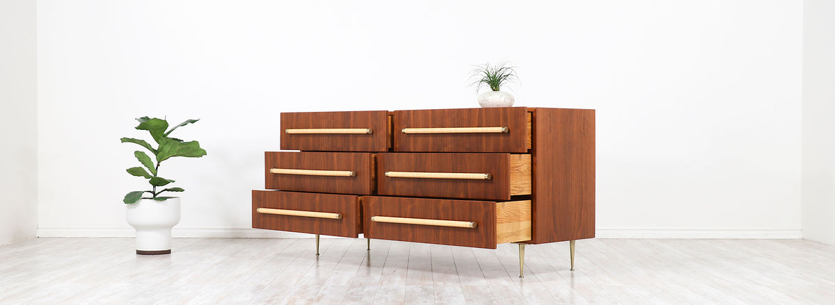 T.H. Robsjohn-Gibbings Brass & Wicker Dresser for Widdicomb