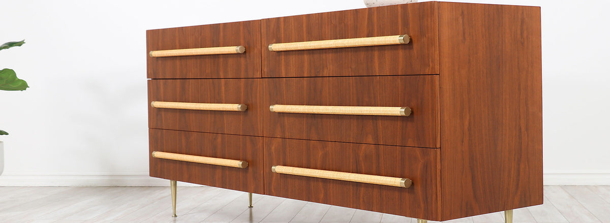 T.H. Robsjohn-Gibbings Brass & Wicker Dresser for Widdicomb