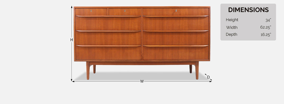 Danish Modern Teak 9-Drawer Dresser