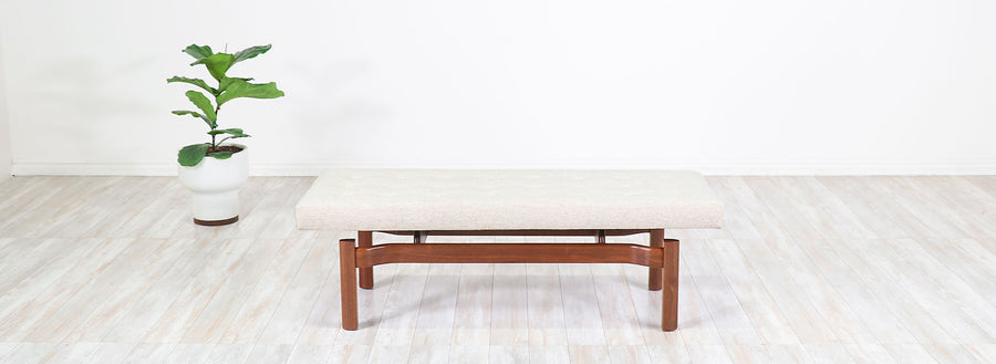 Mid-Century Modern Walnut Sculpted Floating Tufted Bench