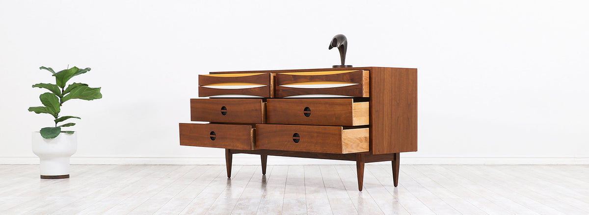 Mid-Century Modern Dresser with Lacquered Bowtie Style Drawers