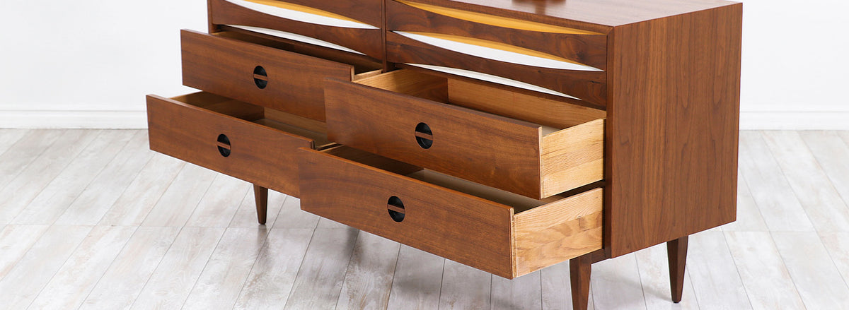 Mid-Century Modern Dresser with Lacquered Bowtie Style Drawers