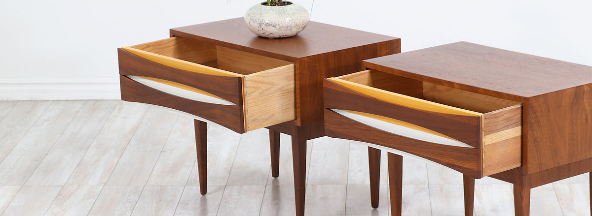 Mid-Century Modern Night Stands with Lacquered Bowtie Style Drawers