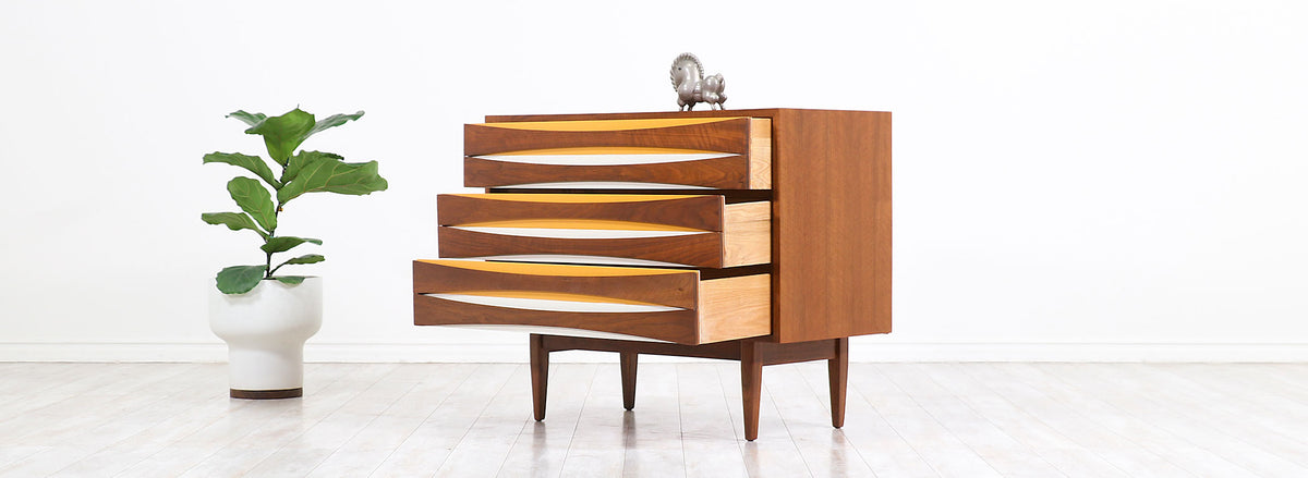 Mid-Century Modern Chest with Lacquered Bowtie Style Drawers