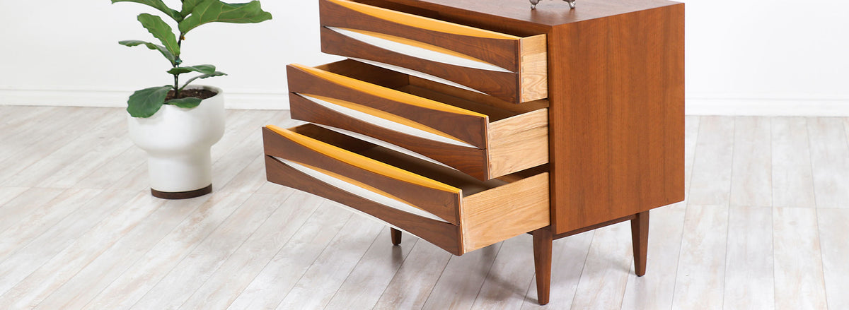 Mid-Century Modern Chest with Lacquered Bowtie Style Drawers