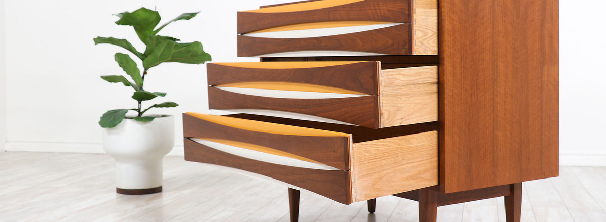 Mid-Century Modern Chest with Lacquered Bowtie Style Drawers