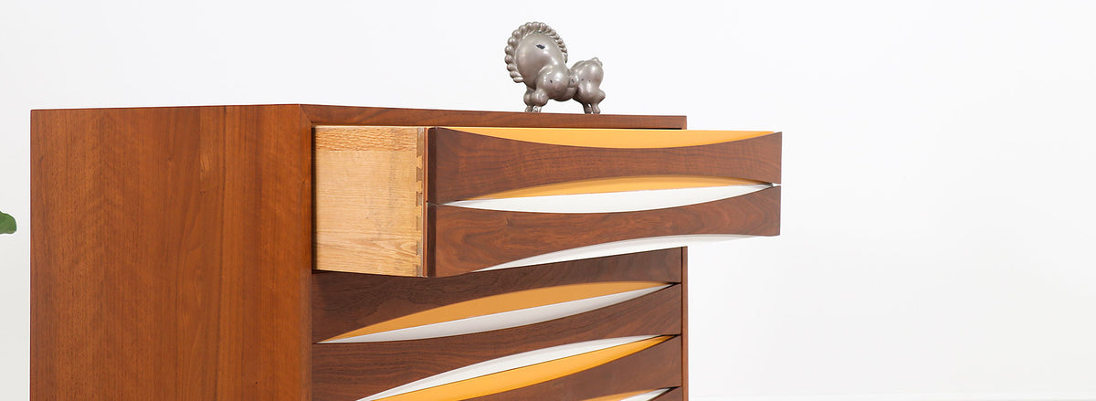 Mid-Century Modern Chest with Lacquered Bowtie Style Drawers