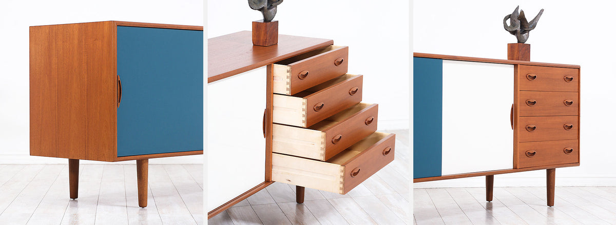 Johannes Andersen Teak Credenza with Lacquered Doors for Georg Pedersens