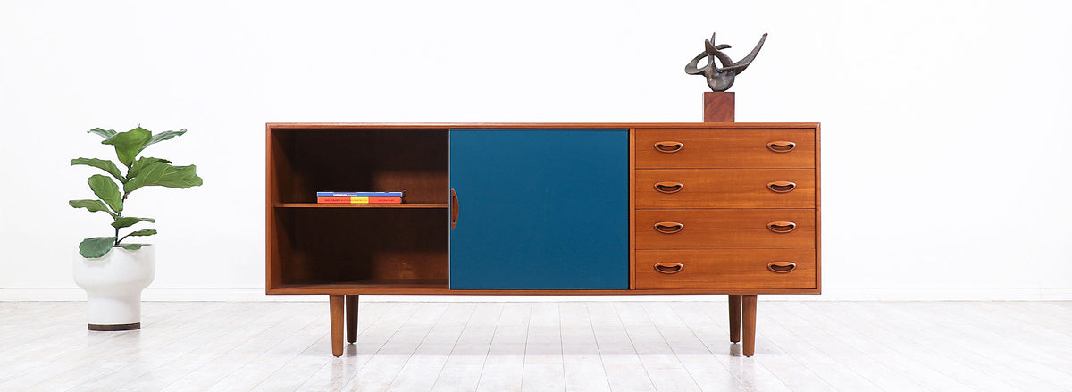 Johannes Andersen Teak Credenza with Lacquered Doors for Georg Pedersens