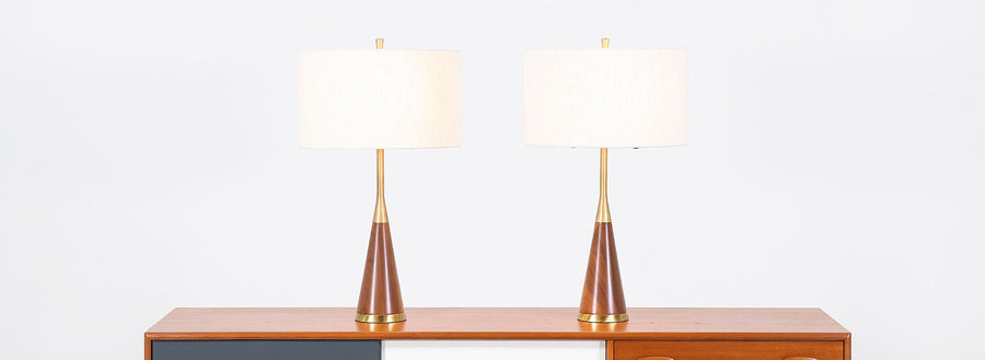 Mid-Century Walnut & Brass Table Lamps by Rembrandt