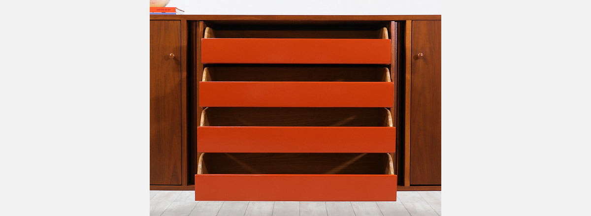 Milo Baughman Tambour-Door Credenza with Lacquered Drawers for Glenn of California