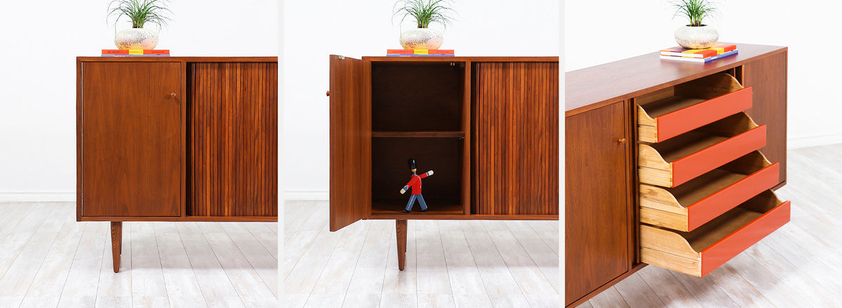 Milo Baughman Tambour-Door Credenza with Lacquered Drawers for Glenn of California