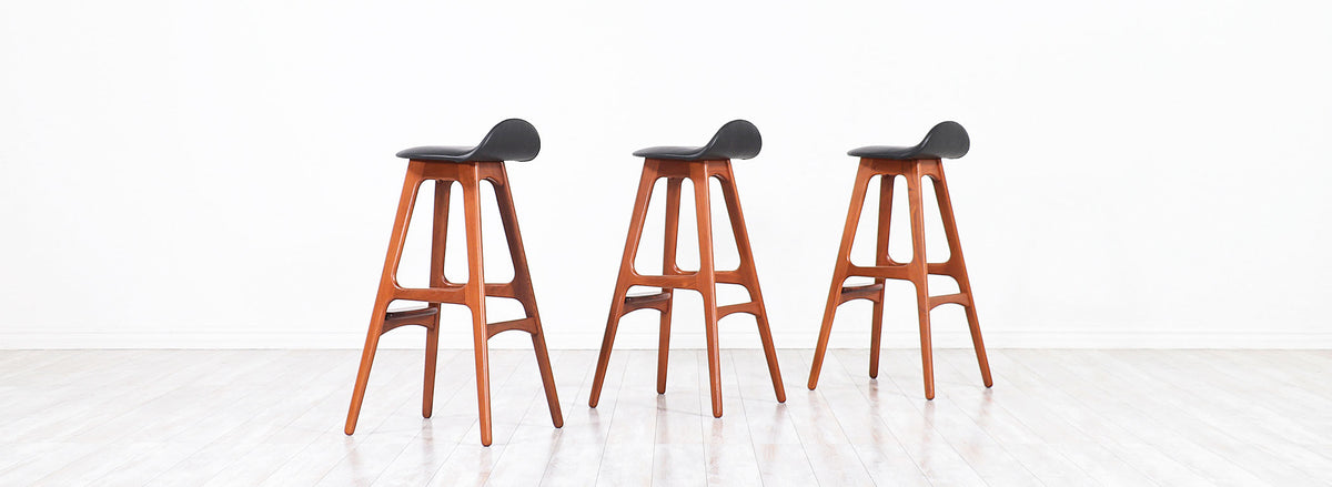 Erik Buch Teak & Black Leather Bar Stools for Oddense Maskinsnedkeri 